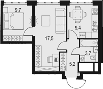 Планировка: 2-комнатная квартира 45,5 м² в ЖК «Левел Южнопортовая»