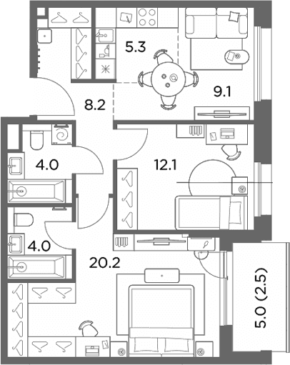 Планировка: Евротрёшка 62,9 м² в ЖК «Станиславский»