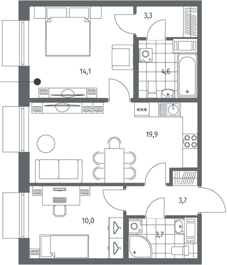 Планировка: Евротрёшка 59,3 м² в ЖК «Парусная 1»