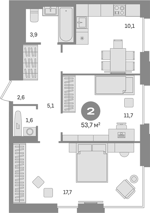 Планировка: 2-комнатная квартира 53,7 м² в ЖК «Квартал Герцена»