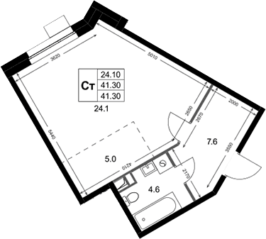Планировка: Студия 41,3 м² в ЖК «Кореневский Форт 2.3»