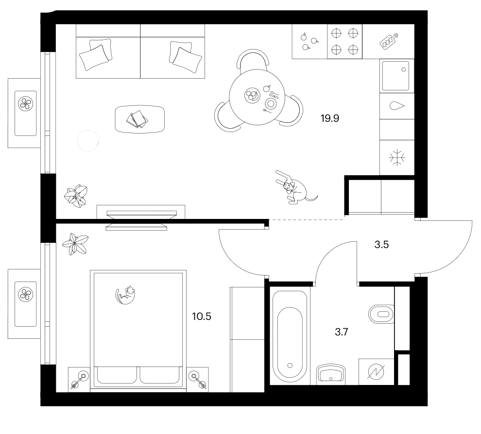 Планировка: 1-комнатная квартира 37,6 м² в ЖК «Белая Дача парк»