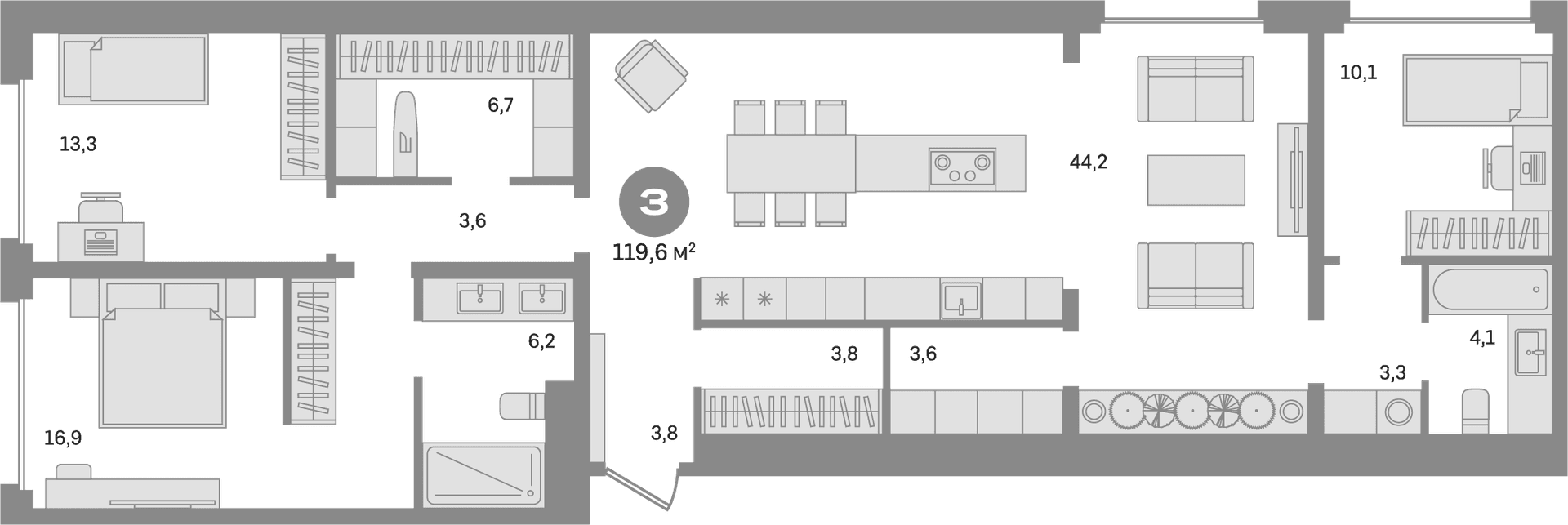 Планировка: 3-комнатная квартира 119,6 м² в ЖК «Дом А»