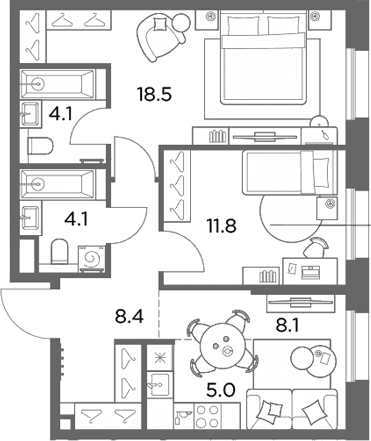 Планировка: Евротрёшка 60 м² в ЖК «Станиславский»