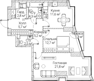 Планировка: 2-комнатная квартира 66,2 м² в ЖК «СЕЗАР БУДУЩЕЕ»