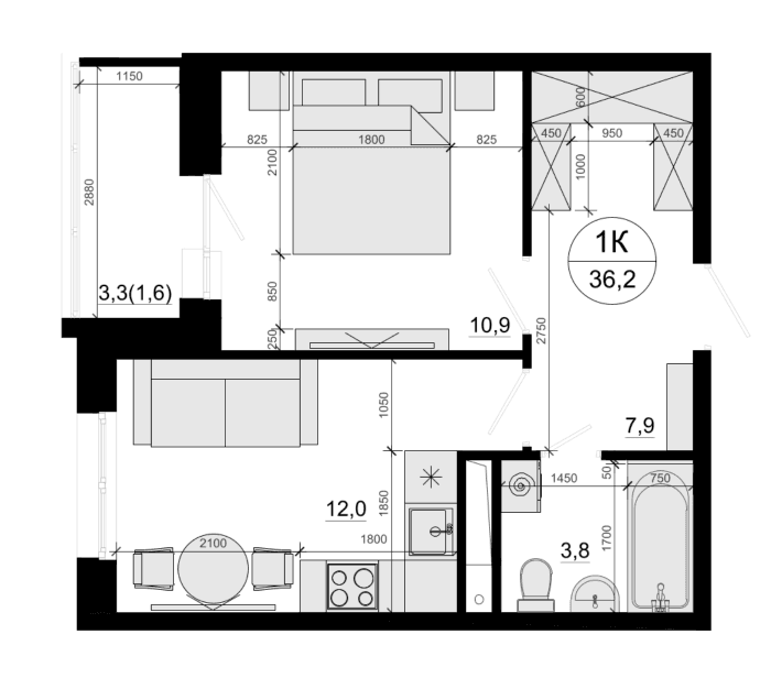 Планировка: 1-комнатная квартира 34,6 м² в ЖК «Одинцовские Кварталы Эволюция»