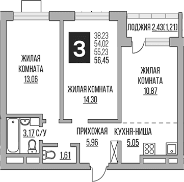 Планировка: Евротрёшка 54 м² в ЖК «Гранель Ильинойс»