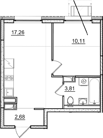 Планировка: Евродвушка 33,9 м² в ЖК «Догма Юкки 2»