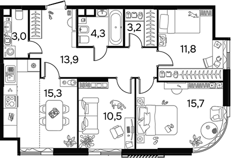 Планировка: 3-комнатная квартира 77,5 м² в ЖК «Вавилова 64»