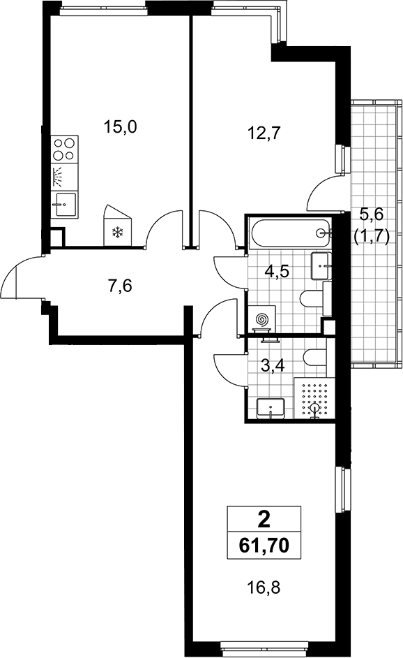 Планировка: Евротрёшка 60 м² в ЖК «Деснаречье»