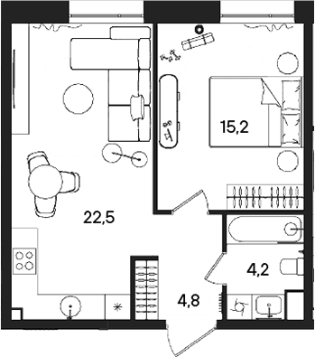 Планировка: Евродвушка 46,7 м² в ЖК «СТОУН Райз»