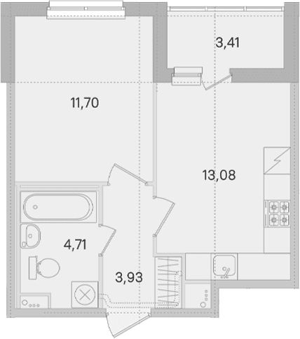 Планировка: 1-комнатная квартира 33,4 м² в ЖК «Ясно.Янино»