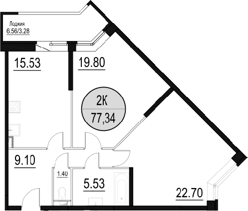 Планировка: Евротрёшка 74,1 м² в ЖК «Солнечный Парк»