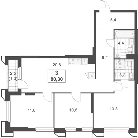 Планировка: Квартира евро-4 79 м² в ЖК «Южные сады»