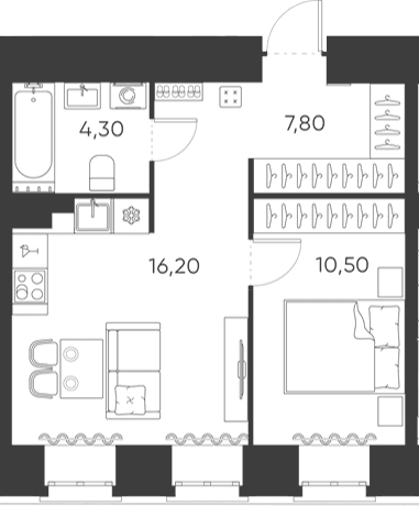 Планировка: Евродвушка 38,8 м² в ЖК «Моисеенко, 10»