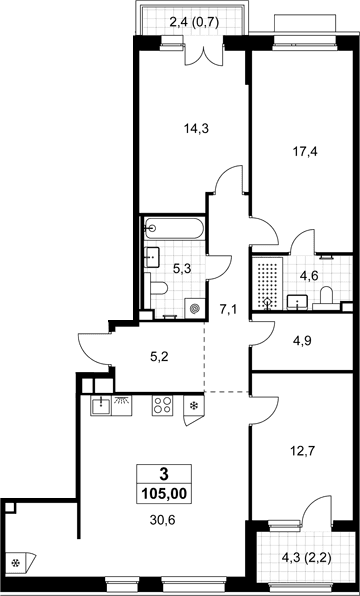 Планировка: Квартира евро-4 102,1 м² в ЖК «Хольм»