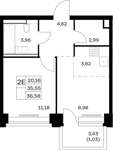 Планировка: Евродвушка 35,6 м² в ЖК «НОВА»