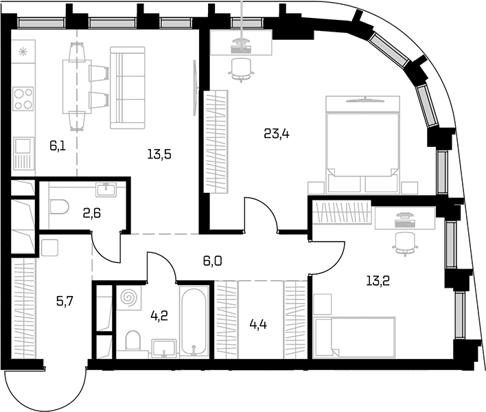 Планировка: Евротрёшка 79,1 м² в ЖК «Дом 56»