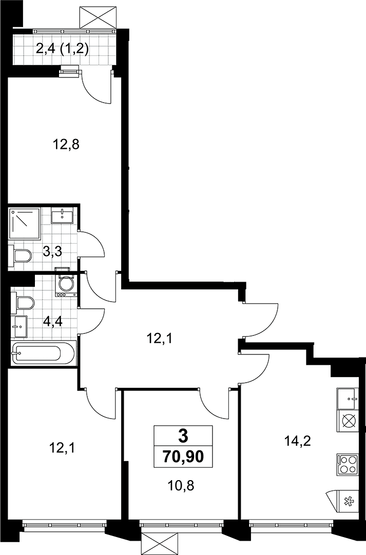 Планировка: Квартира евро-4 69,7 м² в ЖК «Деснаречье»