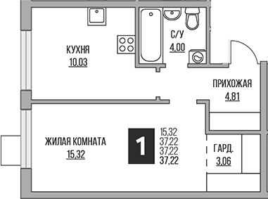Планировка: 1-комнатная квартира 37,2 м² в ЖК «Гранель Притяжение Сити»