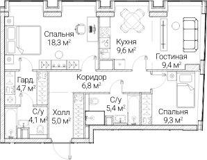 Планировка: Евротрёшка 73,2 м² в ЖК «СЕЗАР БУДУЩЕЕ»