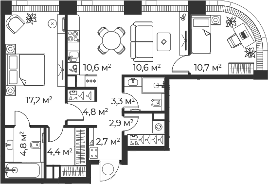 Планировка: Евротрёшка 72 м² в ЖК «Веер»