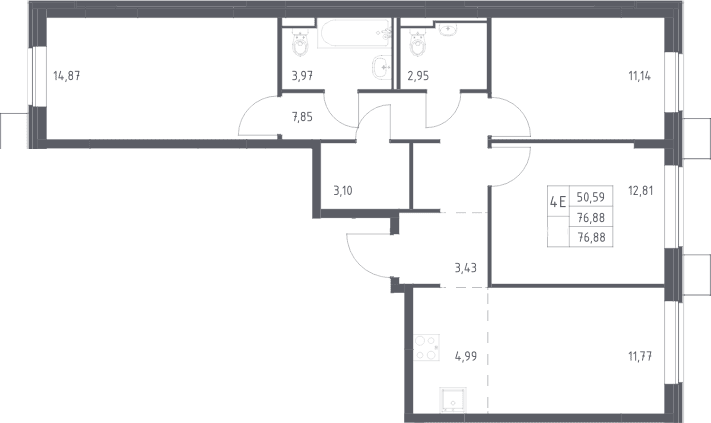 Планировка: Квартира евро-4 76,9 м² в ЖК «Прибрежный Парк»
