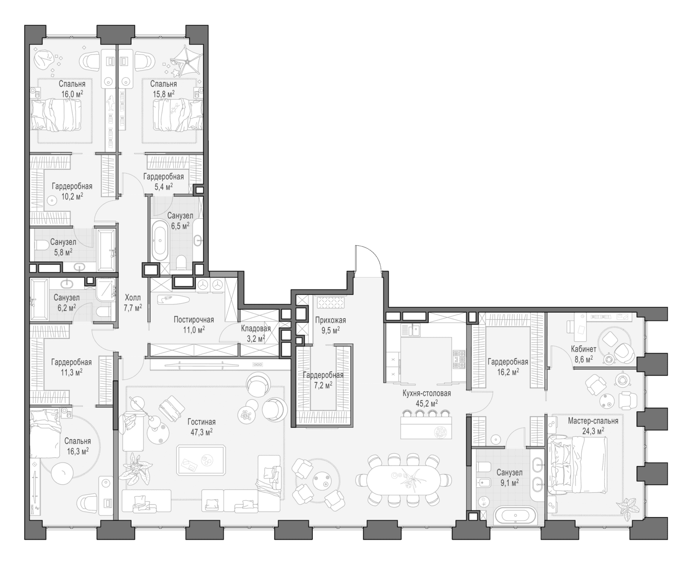 Планировка: 5-комнатная квартира 283,7 м² в ЖК «Квартал Life Time»