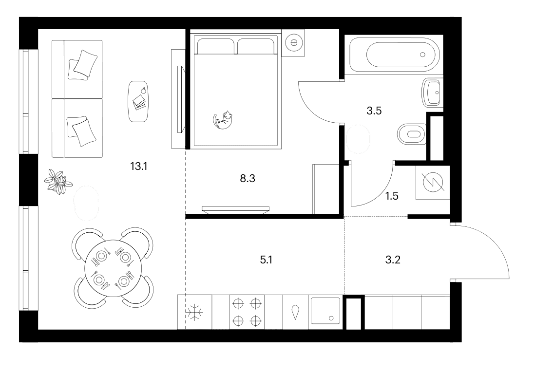 Планировка: 1-комнатная квартира 34,7 м² в ЖК «Бунинская набережная»