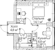 Планировка: 1-комнатная квартира 31,5 м² в ЖК «СЕЗАР БУДУЩЕЕ»
