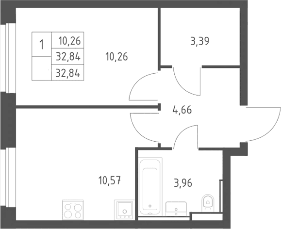 Планировка: 1-комнатная квартира 32,8 м² в ЖК «Квартал Строгино»