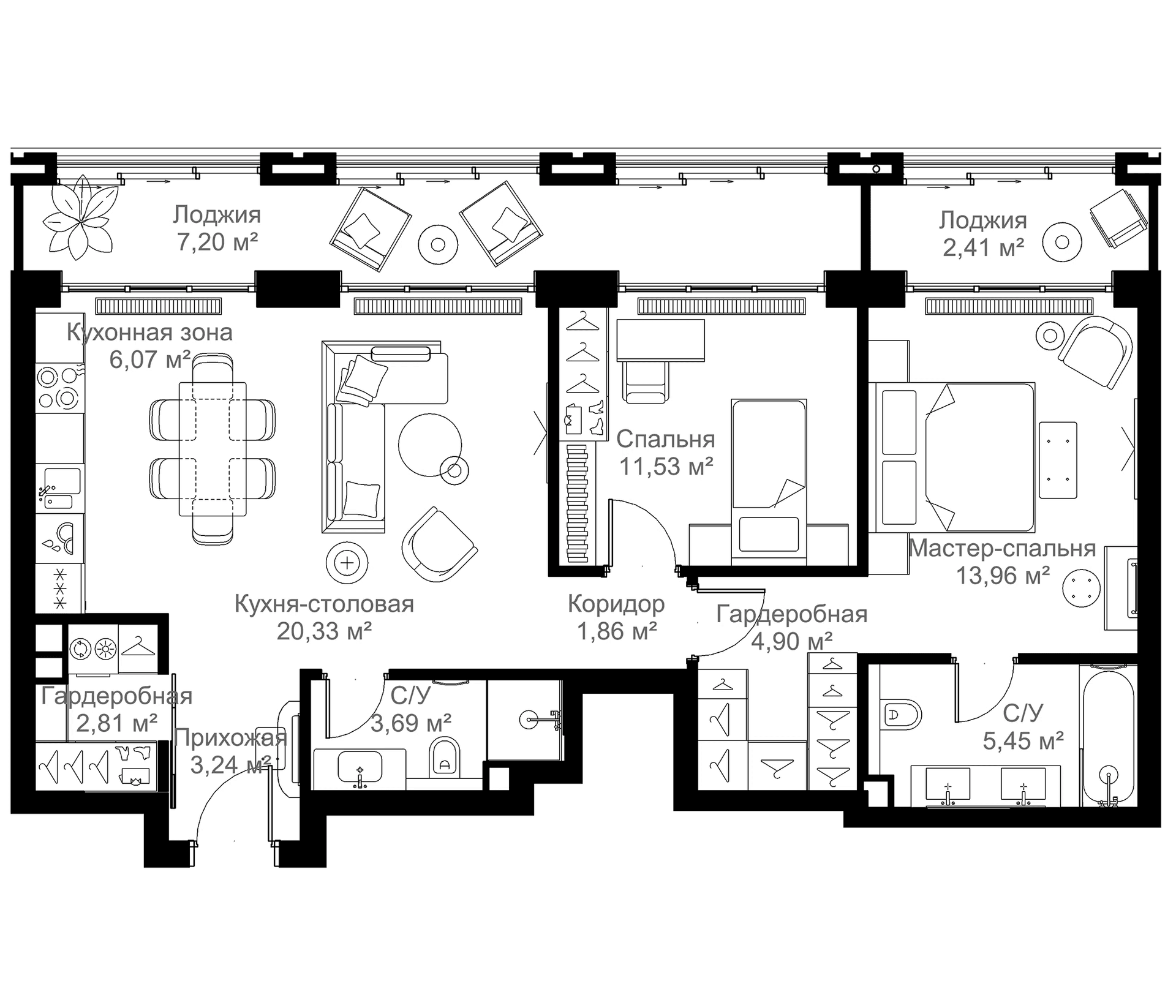 Планировка: 2-комнатная квартира 73,8 м² в ЖК «МЫС»