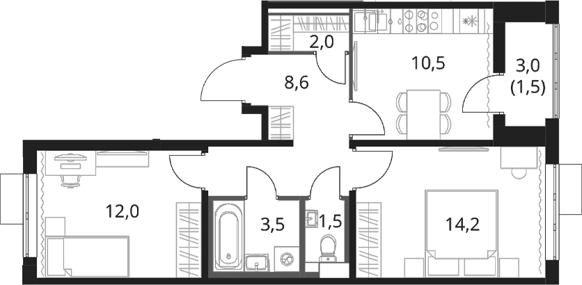 Планировка: 2-комнатная квартира 52,3 м² в ЖК «1-й Шереметьевский»