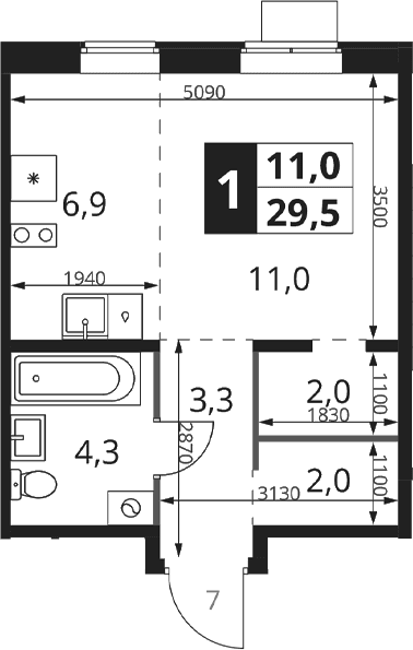 Планировка: Студия 29,5 м² в ЖК «1-й Ясеневский»
