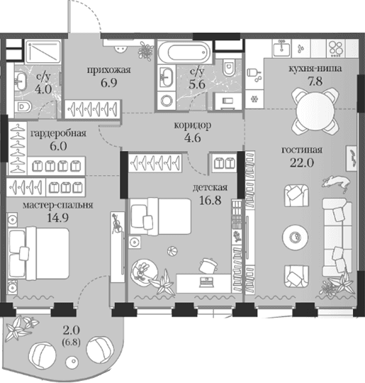 Планировка: 2-комнатная квартира 88,6 м² в ЖК «Муза»