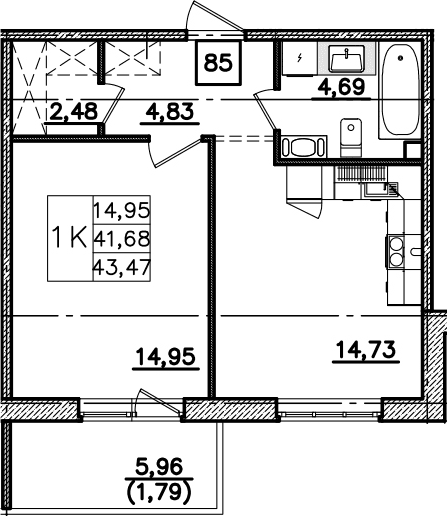 Планировка: 1-комнатная квартира 41,7 м² в ЖК «Ю Гатчина»