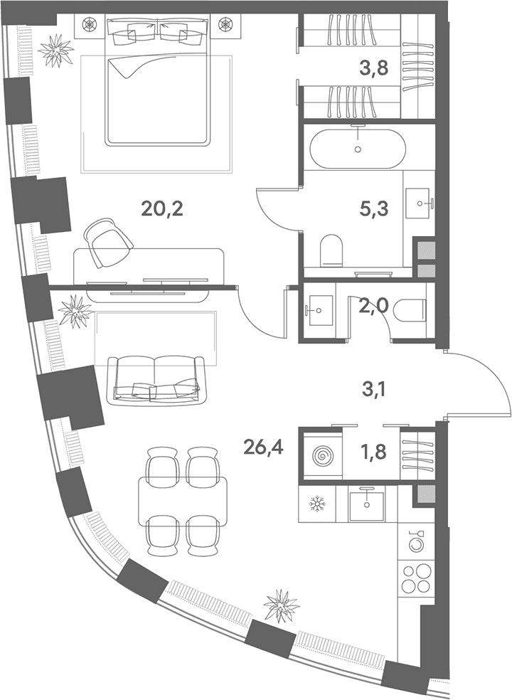 Планировка: Евродвушка 62,6 м² в ЖК «Энигмия»