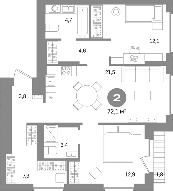 Планировка: 2-комнатная квартира 70,3 м² в ЖК «Первый квартал. Вторая очередь»
