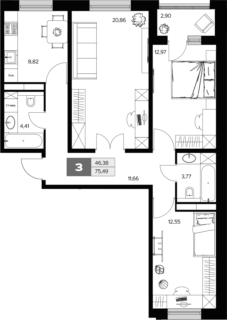 3-комнатная квартира