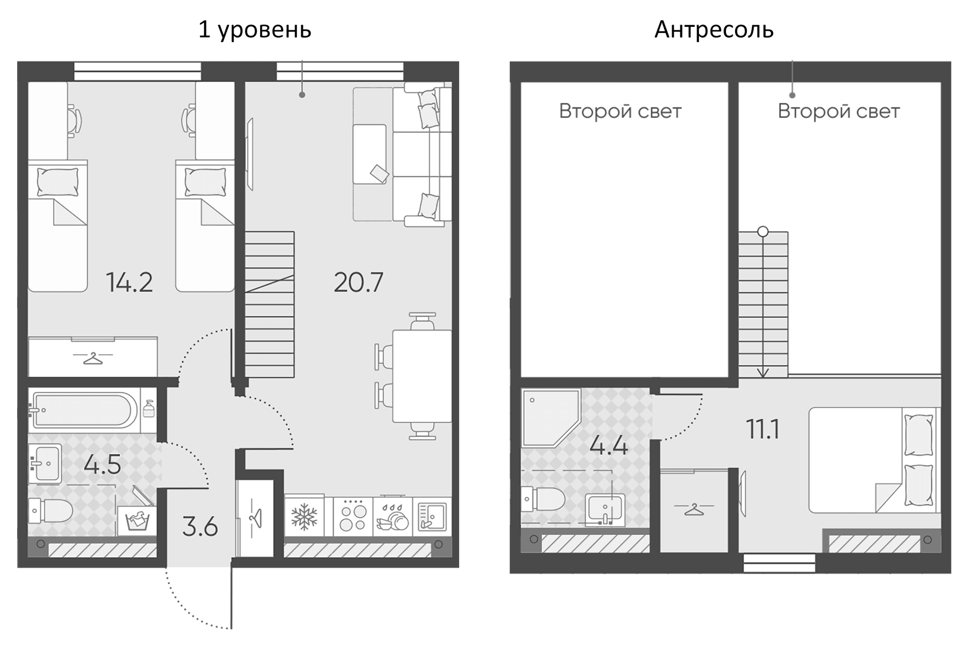 Планировка: Евродвушка 58,5 м² в ЖК «Пулково Лейк»