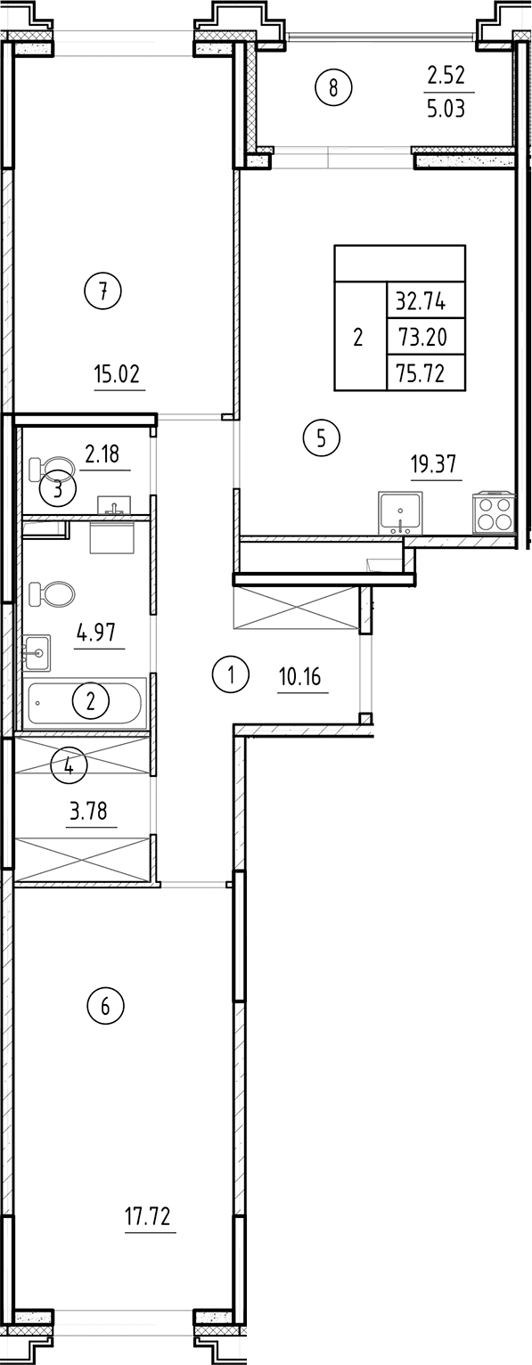 Планировка: Евротрёшка 73,2 м² в ЖК «Ассамблея»