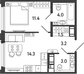 Планировка: 1-комнатная квартира 37,4 м² в ЖК «Гений»