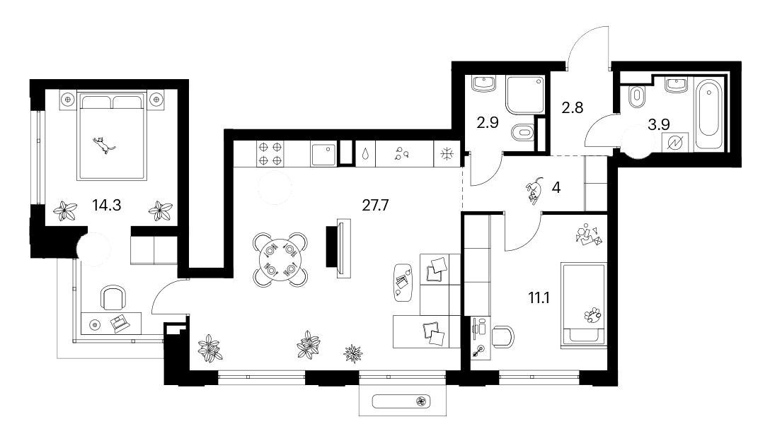 Планировка: 2-комнатная квартира 66,7 м² в ЖК «Зеленый парк»