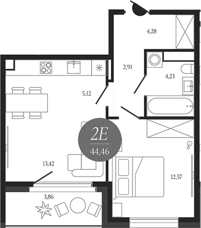 Планировка: Евродвушка 42,5 м² в ЖК «Сердце Лыткарино»