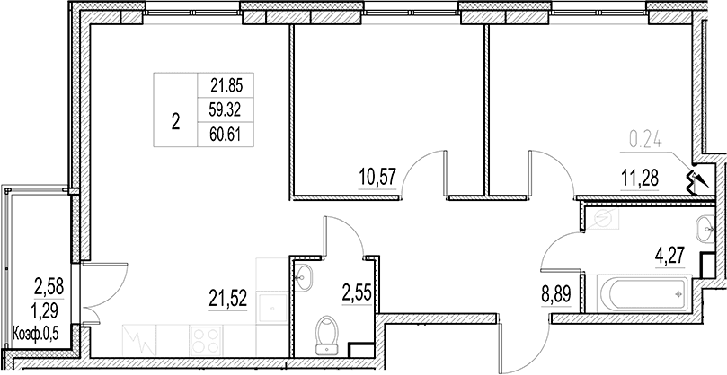Планировка: Евротрёшка 59,3 м² в ЖК «Город-спутник Южный»