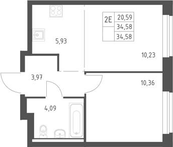 Планировка: Евродвушка 34,6 м² в ЖК «Горки Парк»
