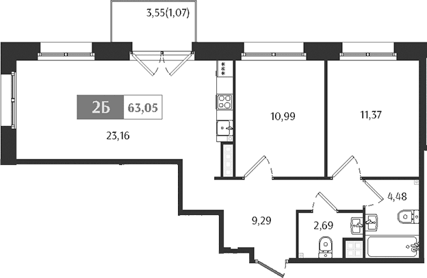 Планировка: Евротрёшка 62 м² в ЖК «Ranta Residence»
