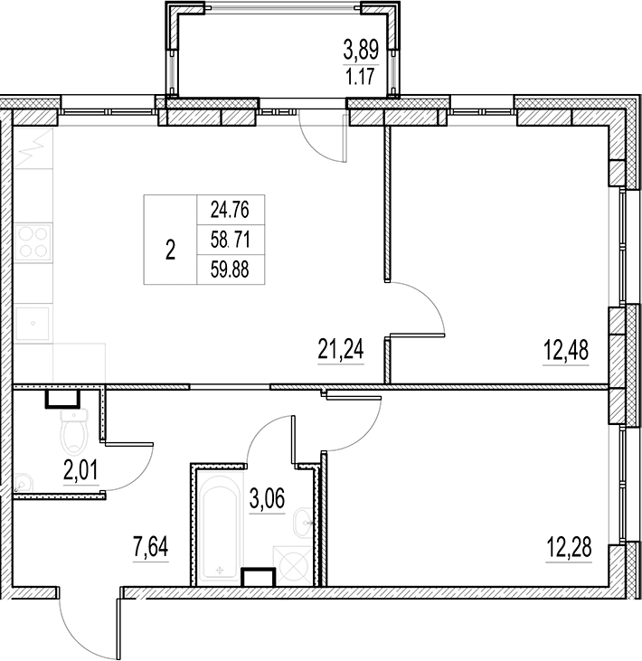 Планировка: Евротрёшка 58,7 м² в ЖК «Город-спутник Южный»