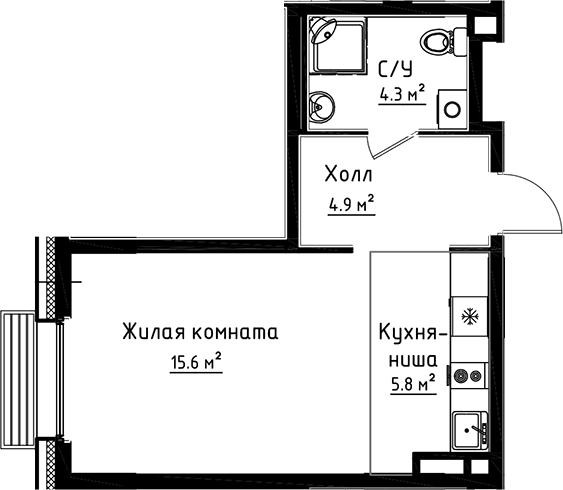 Планировка: Студия 30,6 м² в ЖК «Коллекция»
