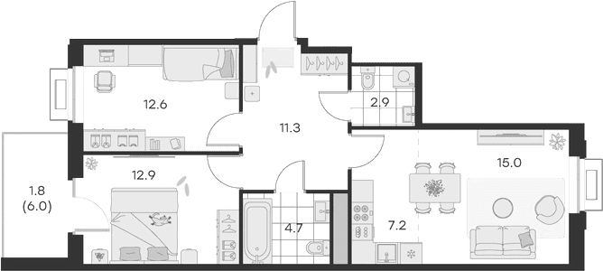 Планировка: Евротрёшка 67,8 м² в ЖК «Михалевич»